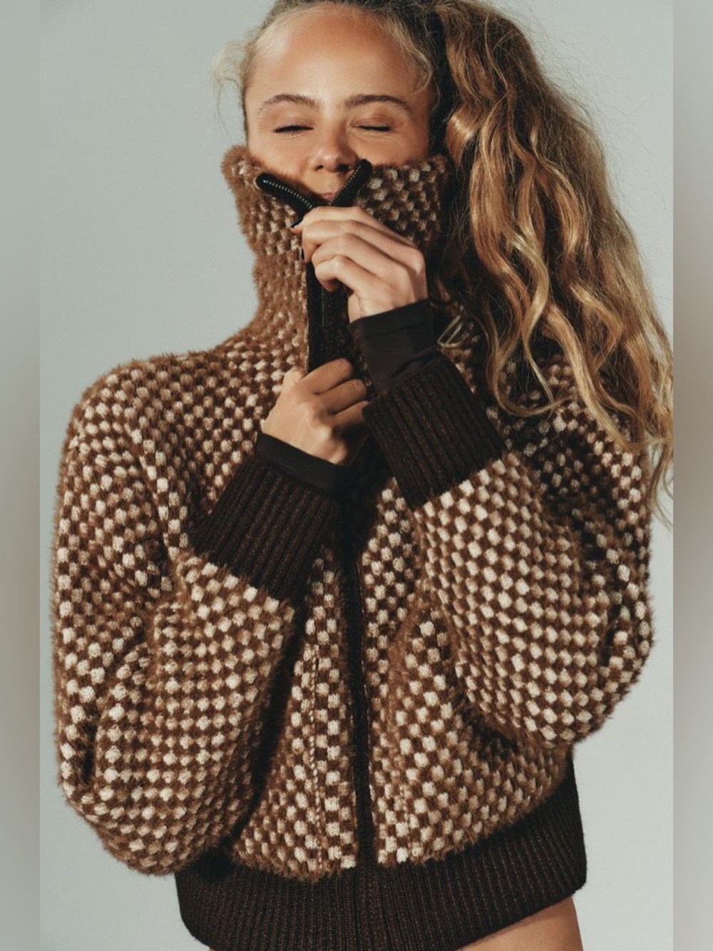 ZARA Cropped Brown Checker Knit Zip-Up Bomber Jacket. NWT S